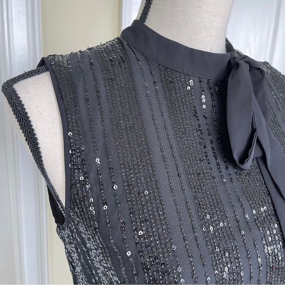CeCe Size XS Black Sequin Layered Bow Tie Neck Sleeveless Cocktail Dress - Picture 8 of 16